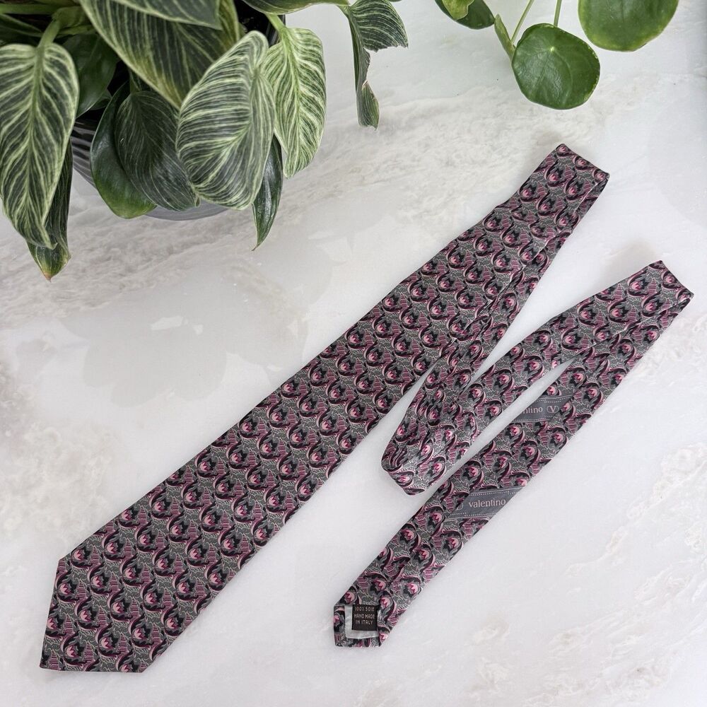 Vintage Valentino Cravatte Silk Tie - Art Deco Floral Geometric Hand Made Italy